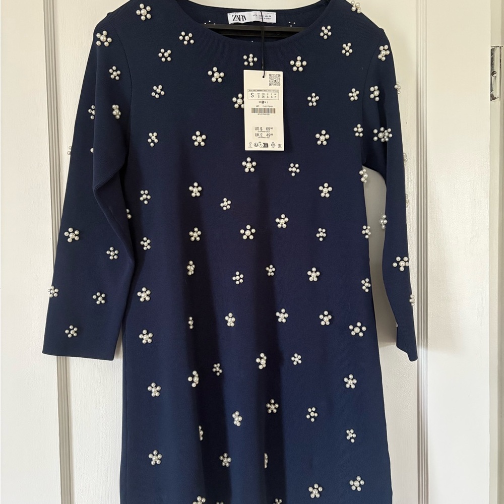 Zara Navy Dress with White Floral Accents